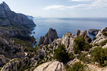 Fototapeta na wymiar aerial view of beautiful cliffs and calm sea in Calanques de Marseille (Massif des Calanques), provence, france