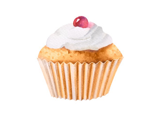 Hand draw watercolor. Delicious beautiful cupcake.