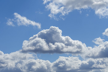 Naklejka na ściany i meble Gray fluffy clouds in the overcast sky (background)