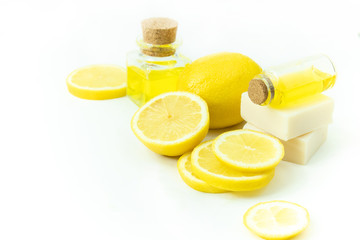 lemon fruit juice and spa soap with vitamin for facial beauty skincare cosmetic concept