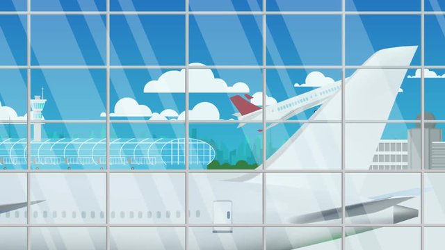 Landscape view from inside the airport terminal see plane is taking off from the airport with plane is taxing in summer day time