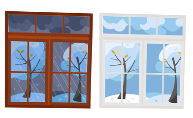 Set of 2 windows in flat style. A wooden brown window overlooking the winter evening, a white plastic window with a view of the winter day. Outside the window is a natural landscape 2 trees in snow