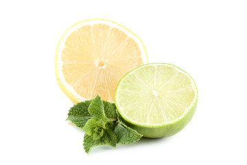 Lemon and lime with mint leafs on white background