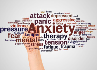 Anxiety word cloud and hand with marker concept