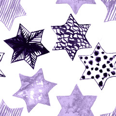 Obraz premium Seamless Watercolor Stars Pattern. Magic Festive Background. Hand Drawn Doodle Stars. Baby Design. Abstract Rapport for Wallpaper, Textile, Linen, Wrapping, Posters, Cards, Banner. New Year, Birthday 