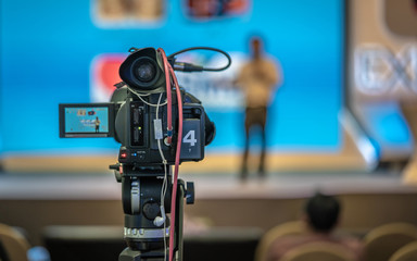 News Reporter With Video Camera Recorder Broadcasting