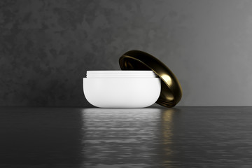 White blank cream package on a dark background. 3d cosmetic make up cream. 3d rendering. Cosmetic cream container. Jar of cream for the face for your design.