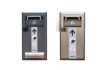 A set of modern smart garbage bins for waste collection for their further disposal. Isolated on white background. New technologies for garbage collection.