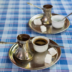 Turkish coffee on a table in Europe