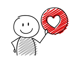 Stickman with smiley facial expression holiding heart (social media) icon. Vector.