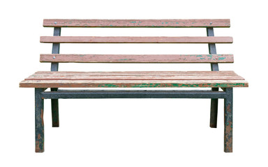 Aged shabby wooden bench with metal legs isolated on a white background (design element)
