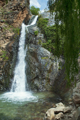 Vertical perspective of one of the several waterfalls in Ourika Valley,  close to Setti Fatma village in Southern Atlas Mountains, an excursion popular among the tourists visiting Marrakech, Morocco