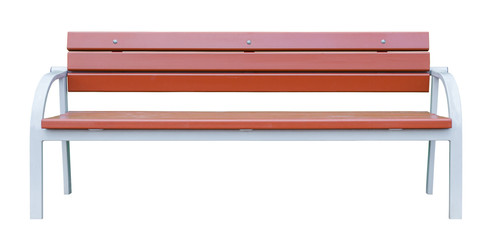 Brown wooden bench with white metal legs. Isolated