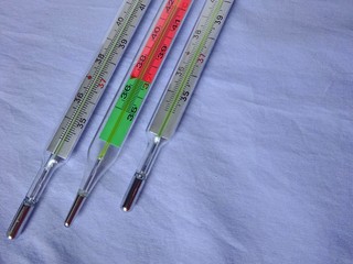 Medicine Medical Health Care Industry Three Thermometers Set Laying On The Clear Soft Light Blue Background With Copy Paste Text Space