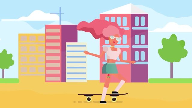 Girl Skateboarding vector animation. Young woman riding skateboard and having fun video. People characters. Stock footage. 