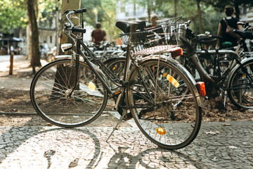 Many bicycles are parked on Leipzig Street in Germany. The photo was taken in the fall at sunset. Ecological transport and a popular means of transportation in Europe.