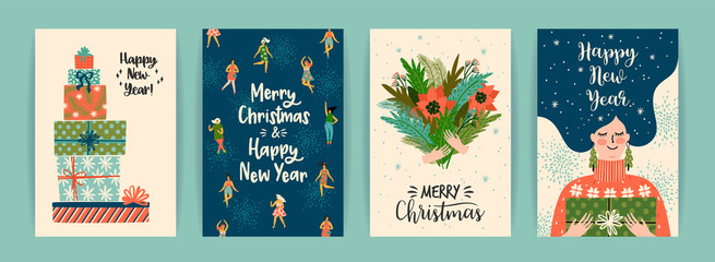 Christmas and Happy New Year templates. Trendy retro style.