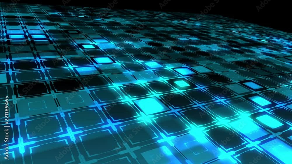Poster sliding over an animated digital blue field. abstract technology, science and engineering motion bac