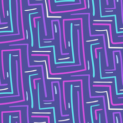 Abstract blue and pink tribal stairs and angle line on violet background seamless pattern. Fashion vector texture with hand drawn lines for textile, wrapping paper, cover, surface, wallpaper
