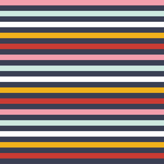 Seamless vector multi stripe pattern with colored horizontal parallel stripes red, blue,white, gold, pink and navy background.