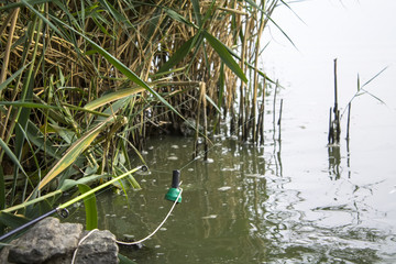 Fishing rod with a bell by the lake