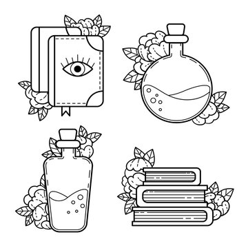 Magic books, bottles with a magical potion. A set of spellcraft items. Halloween. Contour drawing.