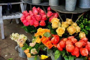 Acrylic painting on canvas art poster in floral motif. Modern style fashion artwork. Digital big size print in high resolution. Surreal flower in bright design. Wedding bouquet flowers. Roses.