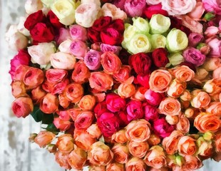 Acrylic painting on canvas art poster in floral motif. Modern style fashion artwork. Digital big size print in high resolution. Surreal flower in bright design. Wedding bouquet flowers. Roses.