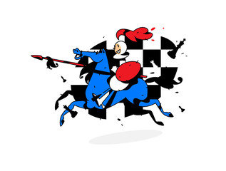 Chess character, pawn on horseback. Image is isolated on white background. Character in the cartoon style. Pawn on horseback with a spear. A poster for the chess school.