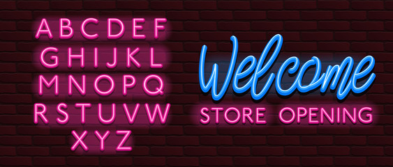 Neon Banner alphabet font bricks wall welcome