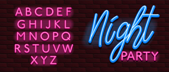 Neon Banner alphabet font bricks wall night party