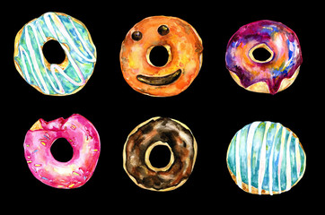 Doughnuts collection , watercolor doughnuts, colorful doughnuts, food , sweets, baked goods, party, holiday, birthday, bridal shower, wedding, celebration,  300 dpi 