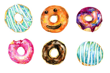 Doughnuts collection , watercolor doughnuts, colorful doughnuts, food , sweets, baked goods, party, holiday, birthday, bridal shower, wedding, celebration,  300 dpi 