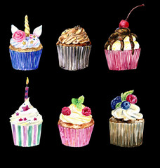 watercolor cupcakes, hand painted desserts, unicorn cupcake, birthday cupcake, sweets, bridal shower, party treats, cupcakes with fresh berries, chocolate cupcake, 300 dpi