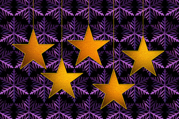 3d golden hanging christmas stars with purple ice crystals background