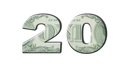 20 Number. American dollar banknotes. Money texture. Isolated on white background