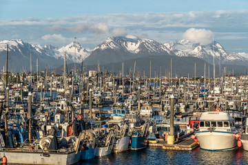 The small boat harbor on Homer Spit with Kachemak Bay State Park in the background