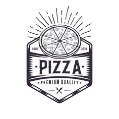 Retro pizza illustration. Fast food logo design.Vintage cooking badge. 