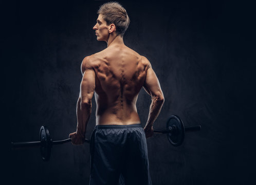 Back view of shirtless man with stylish hair and muscular ectomorph doing the exercises with the barbell.