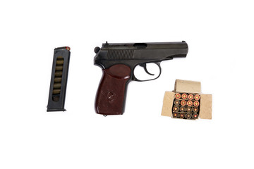 pistol Makarov bullets clip handle set white background isolated brown black star old soviet