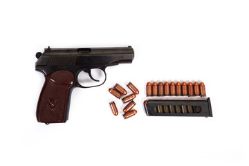 pistol Makarov bullets clip handle set white background isolated brown black star old soviet