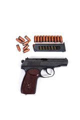 pistol Makarov bullets clip handle set white background isolated brown black star old soviet