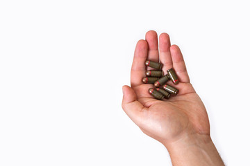 hands palms military ammunition hold clip green old soviet several white background isolated...