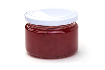 Plum jam glass jar isolated on white background