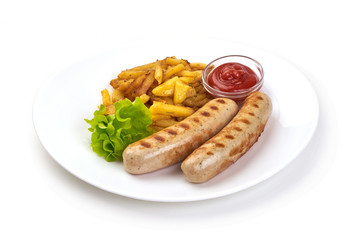 White bavarian grilled sausage with french fries and tomato sauce, isolated on white background.