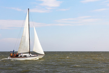 Obraz premium Sailboat yacht rushes along the waves.