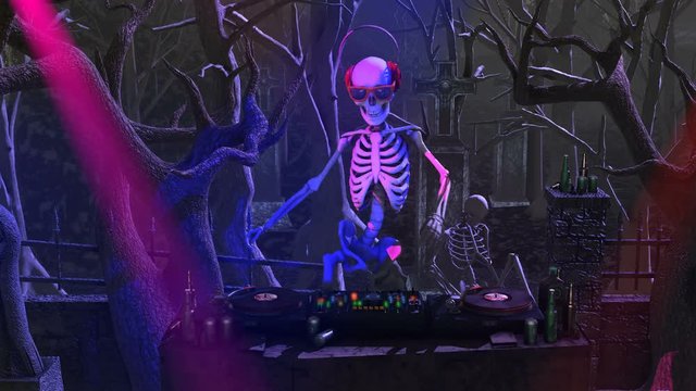 Seamless animation of a skeleton dijing with turntables in a cemetery at night. Funny halloween background.	