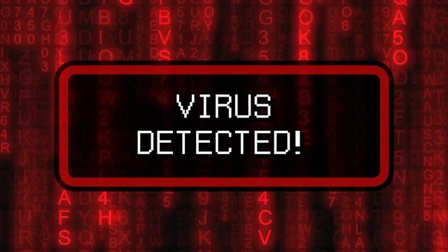 The text Virus Detected, appearing on a board over random symbols falling down (code rain, a popular sci-fi movie effect), changing their color from green to red.
