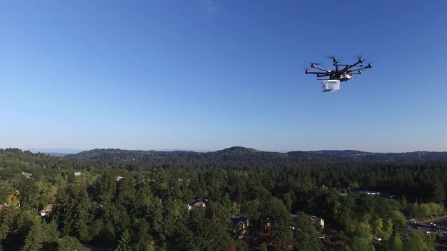 Drone Delivery with Package flying through Residential Neighbourhood