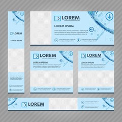 Set of web banners in standard sizes. Vector Abstract Templates design With background and header, diagonal stripes and button. 